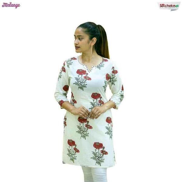 Melange White Red Floral Printed Kurthi