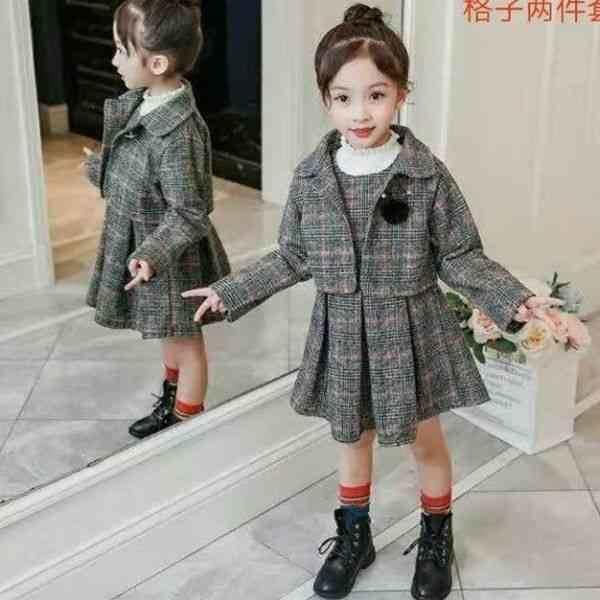 Melange Woolen Check Frock Set For Baby Girls
