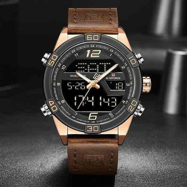 NaviForce NF9128 Digital/Analog Dual Time Watch for Men – Golden/Brown