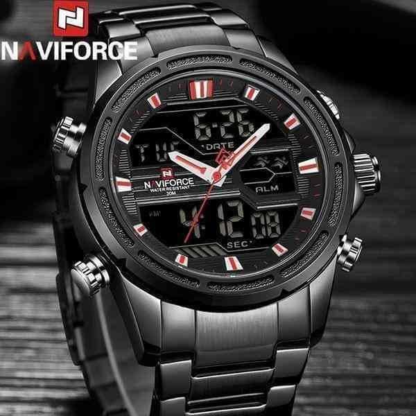 NaviForce NF9138 Digital Analog Dual Movement Stainless Steel Watch – Red/Black