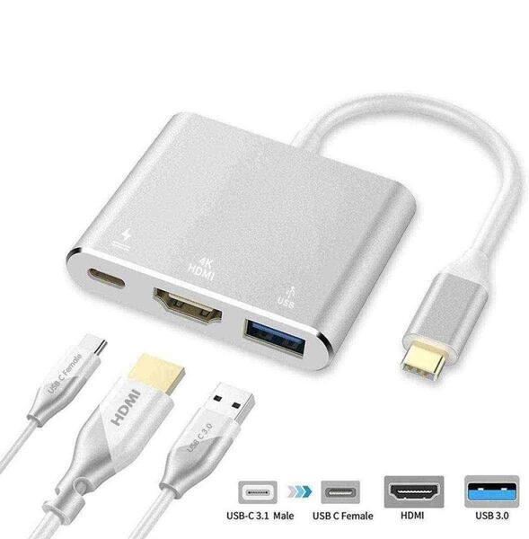 Type C to 3 in 1 Type C to HDMI Type C to USB and Type C to Type C Hub 4K Adapter