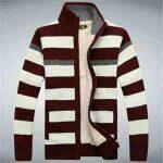 Winter Cotton Knitted Cardigan Men's Casual Thick Warm Sweater - Maroon Strip
