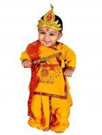 100% Cotton Dhoti Kurta Krishna Kids Costume Ethnic Wear Dress (Pack of 5 - Kurta, Dhoti, Bansuri, Mor Pankh Mukut, Bandhni Patka)(Yellow)_6-12 Months/Month | Radha Krishna | God Dress for Babies