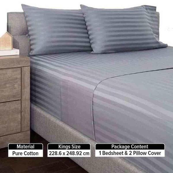 100% Pure Cotton Suti in Grey Stripe Pattern Bed Sheet With Two Pillow Covers
