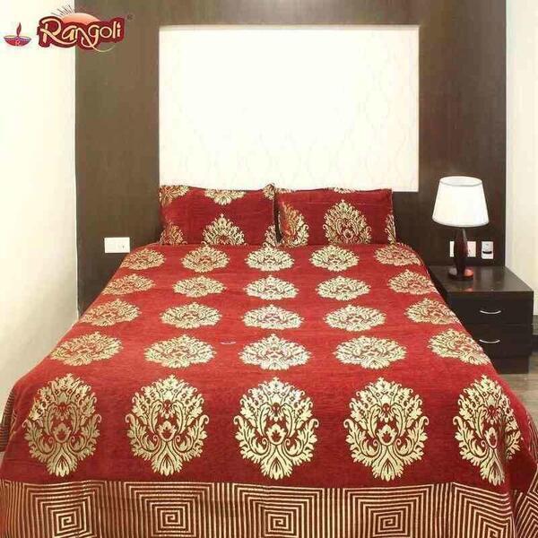 Maroon Zari Work Printed Double Bed Sheet With Pillow Covers