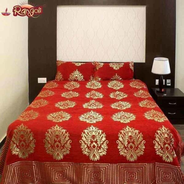 Red Zari Work Abstract Printed Double Bed Sheet With Pillow Covers