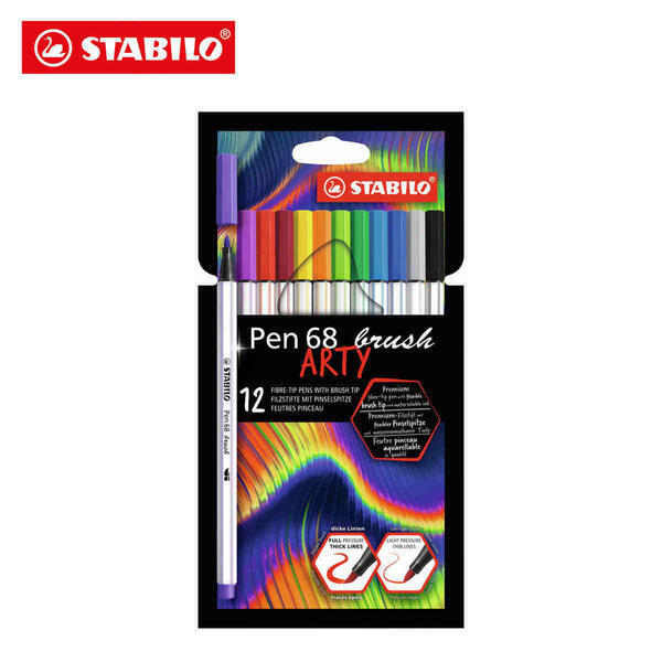 STABILO Pen 68 Brush - Premium Fibre-Tip Pen - Wallet of 12 Assorted Colours
