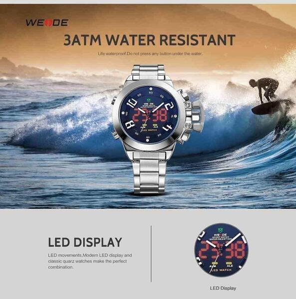 WEIDE Men's Quartz Waterproof Stainless Steel Band With Led Digital Wristwatch