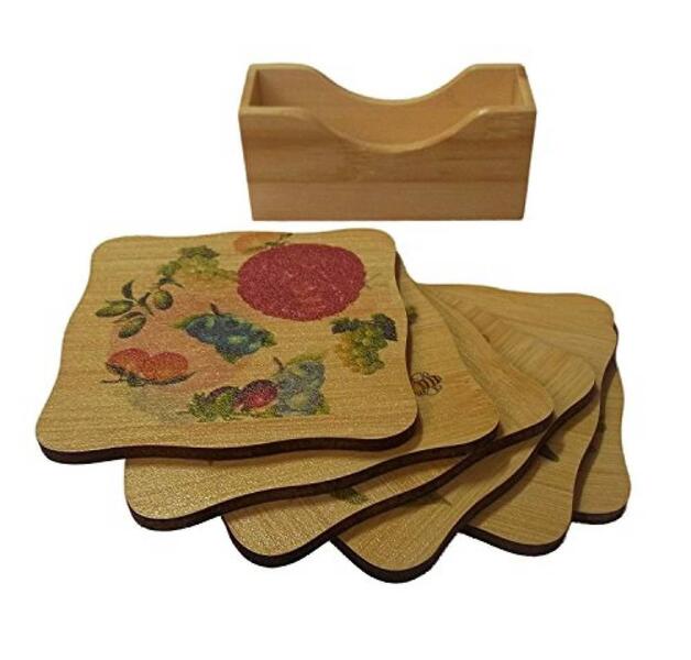 6pcs Bamboo tea Coaster holder with print
