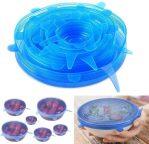 6Pcs/Set Silicone Caps Covers Stretch Lids Multifunctional Food Fresh Keeping Wrap Reusable Food Wrap Stretch Vacuum Seal Cover Food Fresh Fruit Kitchen Storage Sealed Lids Cover (blue)