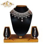 American Diamond Studded Designer Oval Necklace & Earrings AD Set- Jewel Queen