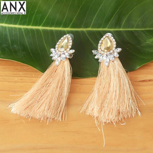 ANX Cream Tassel Stone Studded Drop Earrings For Women