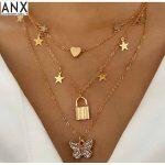 ANX New Trendy Gold Plated Layered Butterfly Pendant Necklace Lock and Heart Chain Necklace for Women