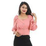 Autum Women Peach Buttoned Crop T-shirt