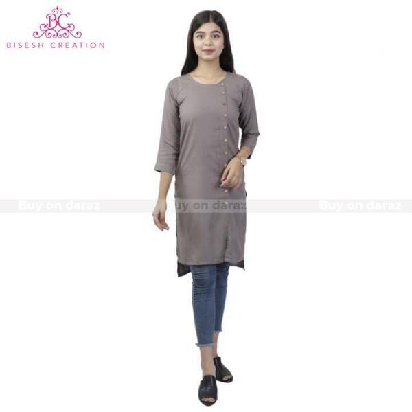 Bisesh Creation Grey Solid Front Buttoned Cotton Kurti For Women