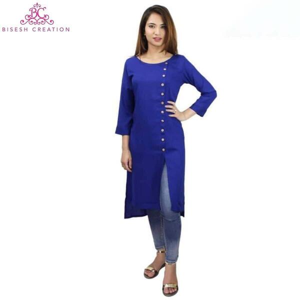 Bisesh Creation Navy Slub Rayon Side Buttoned High Low Kurti For Women