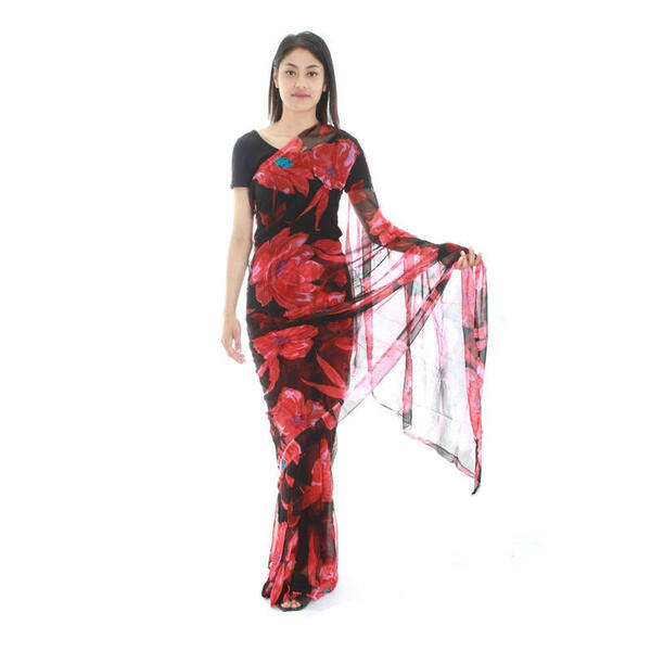 Black Chiffon Floral Print Saree For Women