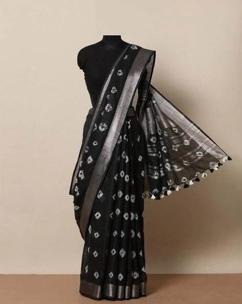 Black Linen Silk Saree With Digital Print For Women
