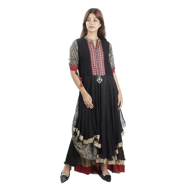 Black Printed Layered Quarter Sleeve Kurti For Women