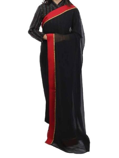 Black/Red Chiffon Newari Saree For Women - Cotton House