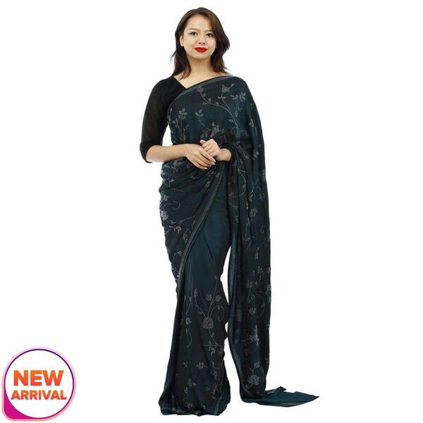 Black Silk Floral Embroidred Saree For Women