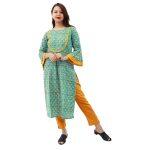 Blue Cotton Flower Printed Kurti With Yellow Plazzo Set For Women