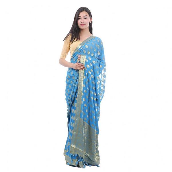 Blue/Golden Abstract Zari Weaving Saree For Women