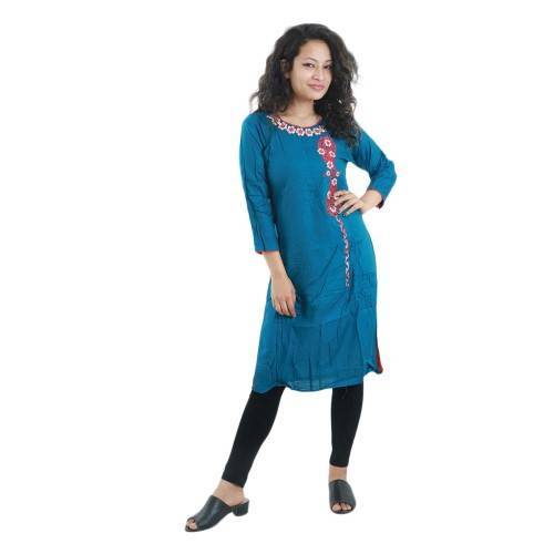 Blue Rayon Floral Embroidered Kurti For Women