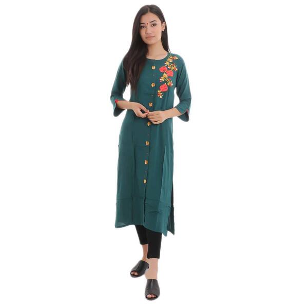 Blue Rose Embroidered Cotton Kurti For Women