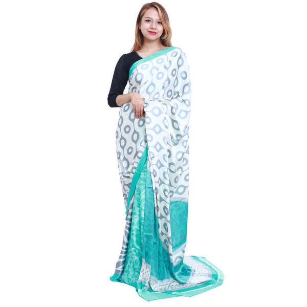 Blue/White Slik Leaf Printed Saree for Women