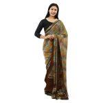 Brown Chiffon Flower Printed White Lining Border Design Saree For Women