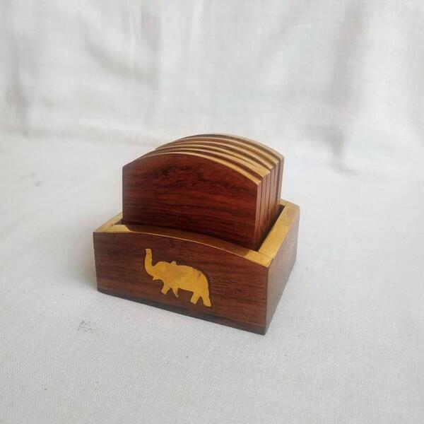 Brown Wooden Carved Tea Coasters With Six Cups Holders Elephant Design Brass