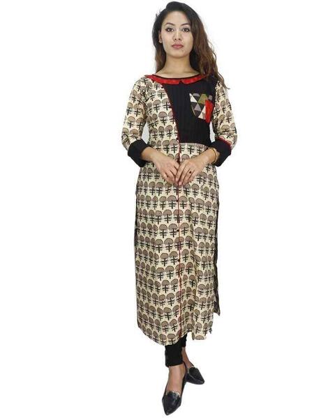 Cream/Brown Printed Round Neck Kurti For Women