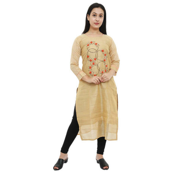 Cream Cotton Round Neck Floral Embroidered Kurti For Women