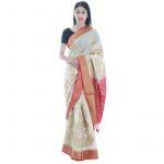 Cream Silk Floral Golden Boder Print Saree For women
