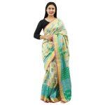 Creamy Cotton Flower Printed Golden Border Design Saree For Women