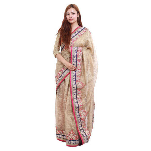 Creamy Net Floral Embroidered Saree for Women