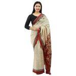 Creamy Silk Flower Printed Maroon Border Design Saree For Women
