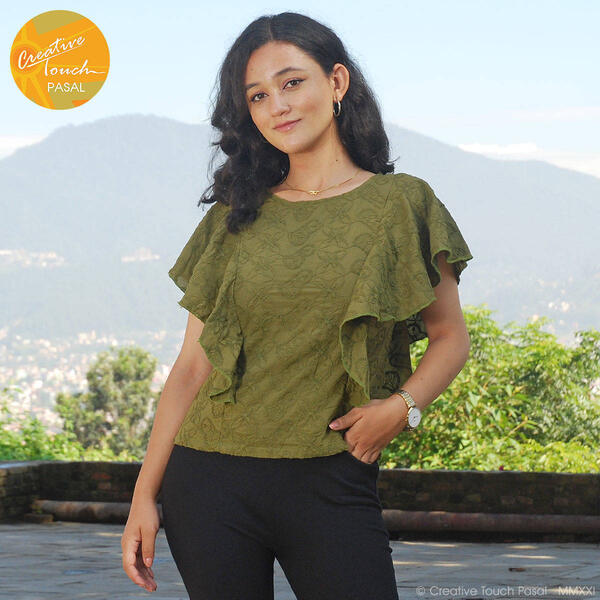 Creative Touch Green Chickankari Frill T-Shirt For Women WTP6755
