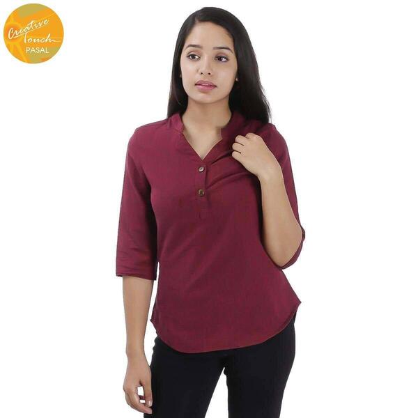 Creative Touch Maroon Front Buttoned Cotton Kurta Shirt For Women WTP4797