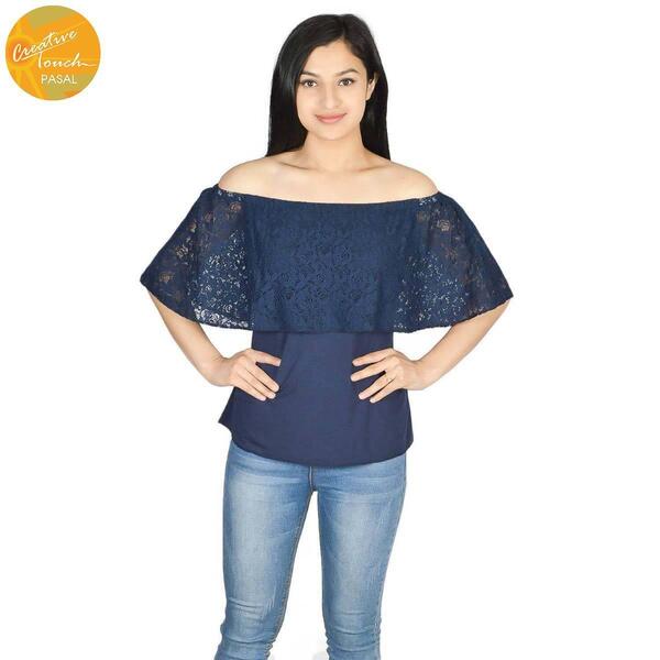 Creative Touch Navy Blue Off-Shoulder Top For Women WTP4742