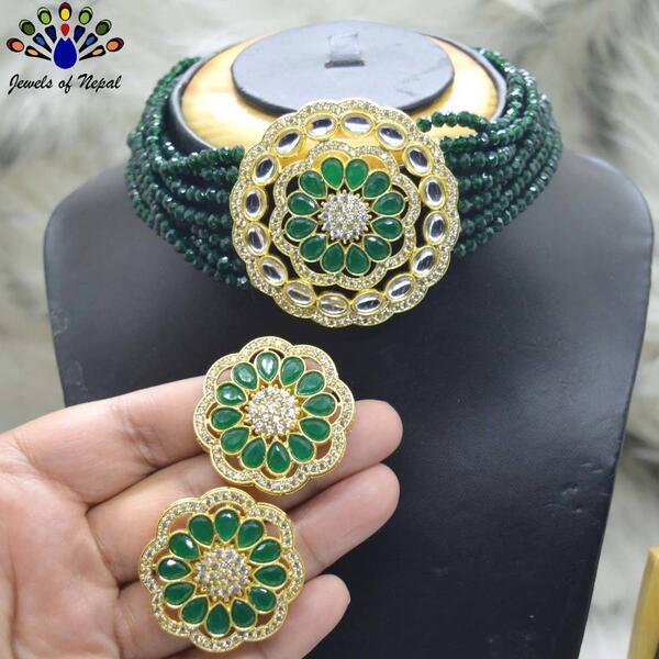 Crystal Beaded Round Choker Necklace and Ear Studs Set