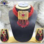 Crystal Beaded Square Tasseled Choker Necklace and Ear Studs Set