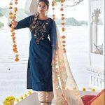 Dark Blue Cotton Kurtha with Printed shawl set For Women