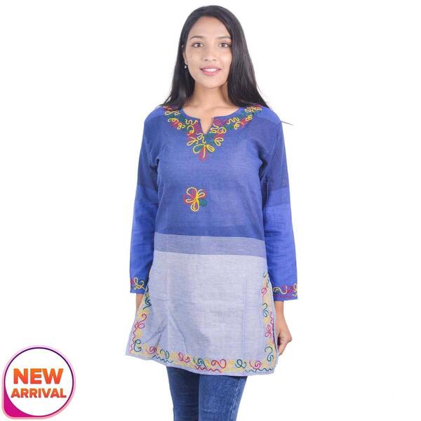 Dark Blue Embroidered Kurti Top For Women