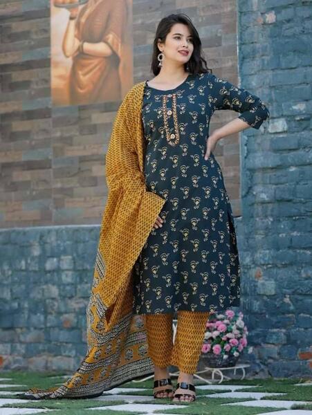 Dark Green Printed Kurti With Mustard Yellow Pant And Shawl Set For Women