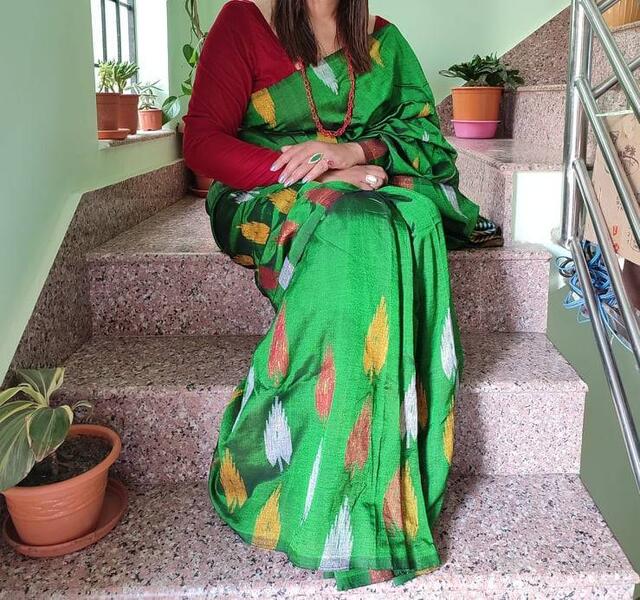 Deep Green Resham Dhaka Printed Saree With Unstiched Blouse For Women