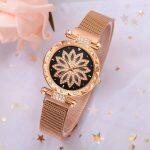 Diamond Flower Dial Analog Casual Mesh Steel Magnet Strap Watch For Women