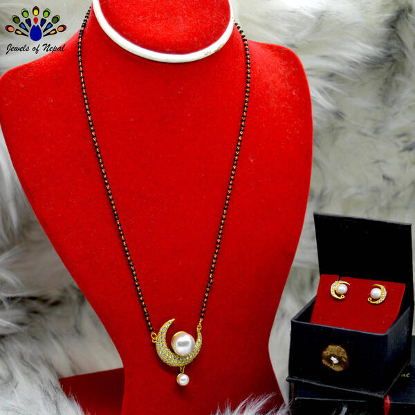 Faux Moti Adorned Crescent Moon Designed Panchadhaatu Mangalsutra and Ear Studs For Women