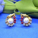 Faux Moti And Muga Adorned Gold Plated Leaf Designed Ear Studs For Women